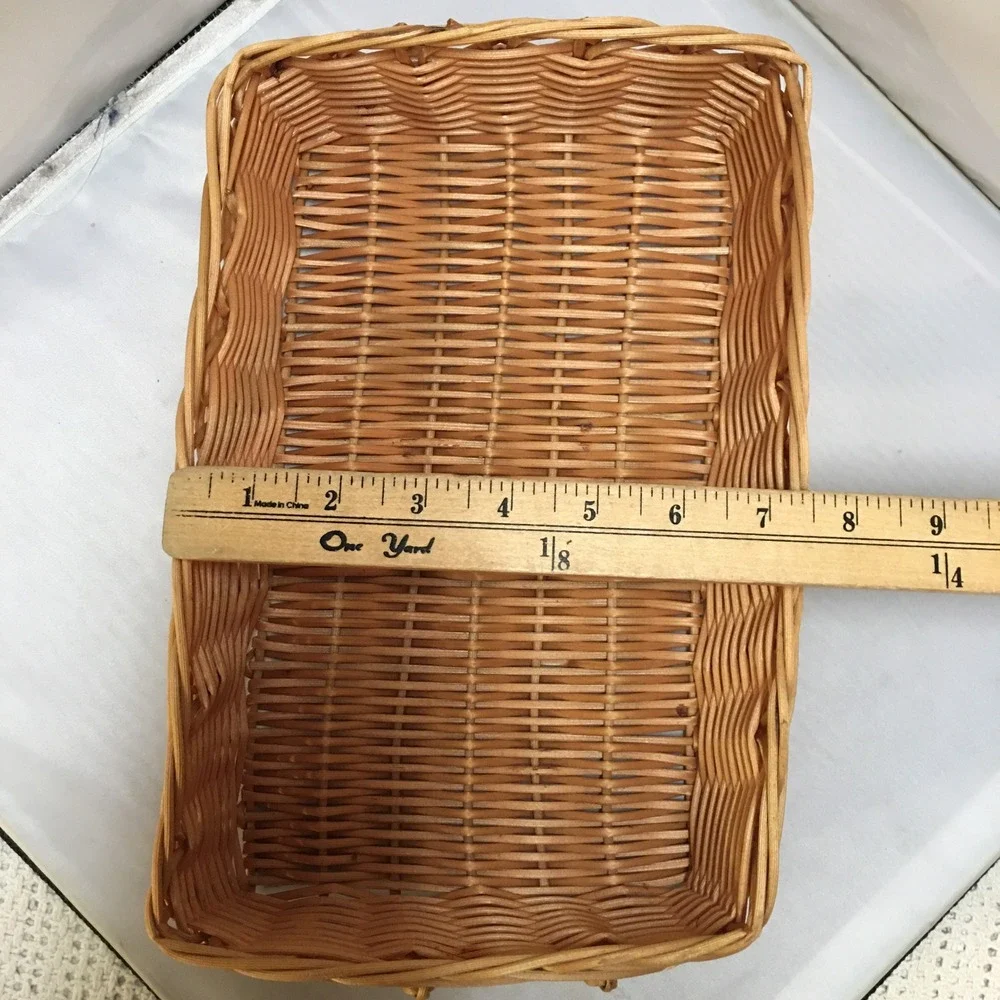 Wicker Serving Basket Medium Tan Rectangular Woven Tray Cottagecore Swing Handle